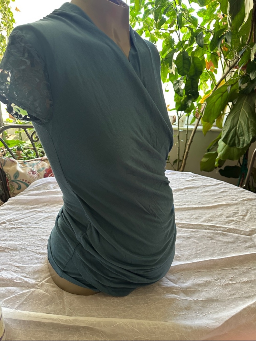 Blue/Green maternity Wrap-Style Short Sleeve Top
